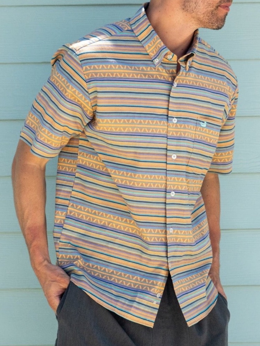Southern Marsh Yuma Performance Aztec Stripe Short Sleeve Button Up Shirt Large